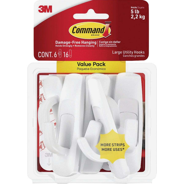Command Large Utility Hook Value Pack, White, 6 Hooks, 16 Strips 17003-6ES