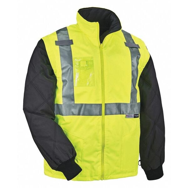 3-in-1 Jacket/Vest, 300D Oxford Polyester, Class 2 Type R, Hi-Viz Lime, 5XL