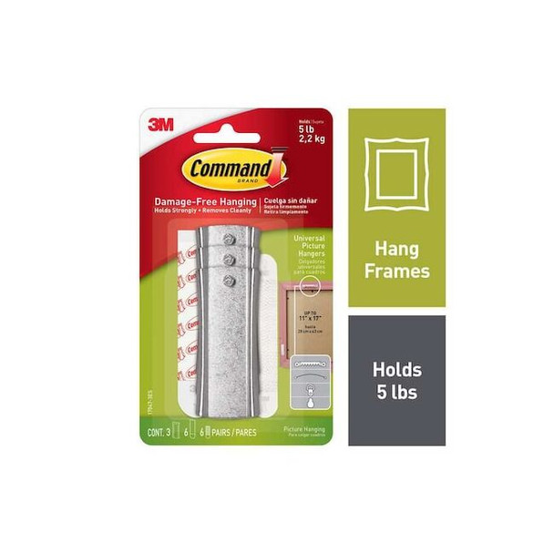 Command Picture Hanger,White,Metal,3/8 in D,PK3 17047-3ES