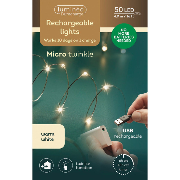 Lumineo Duracharge 16 Ft. Warm White Micro LED Rechareable Light Set 9490290