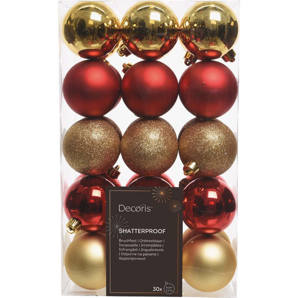Decoris 2.4 In. Shatterproof Red/Gold Bauble Christmas Ornament (30-Pack)