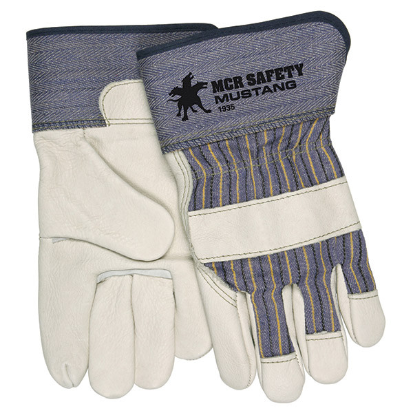 MCR Safety® Mustang™ Leather Palm Gloves, X-Large, Blue Striped/Natural, 12/Pair