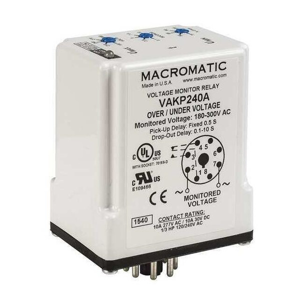 Macromatic Voltage Sensing Relay, Octal Base Type, 12V DC, 8 Pins VAKP012D