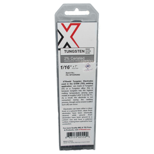 WTCER2062 XTRweld 2% Ceriated Tungsten Electrode, 1/16, Gray, 10 Piece, 7 Inch L