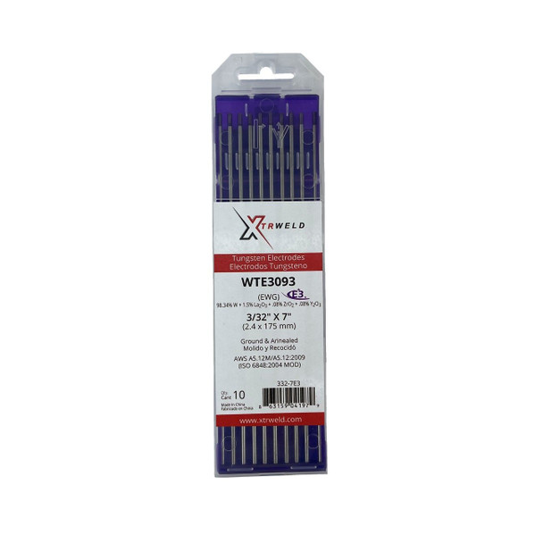 WTE3093 XTRweld Tungsten Electrode, Ground, E3 (Purple), 3/32" x 7", 10 pc