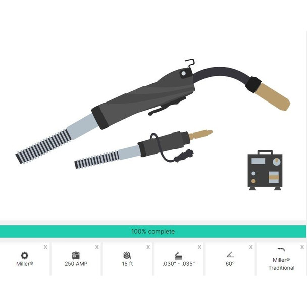 25060M153035M XTRweld MIG Gun, 250 Amp, Miller® Style, 15 ft, .30-.35 Liner