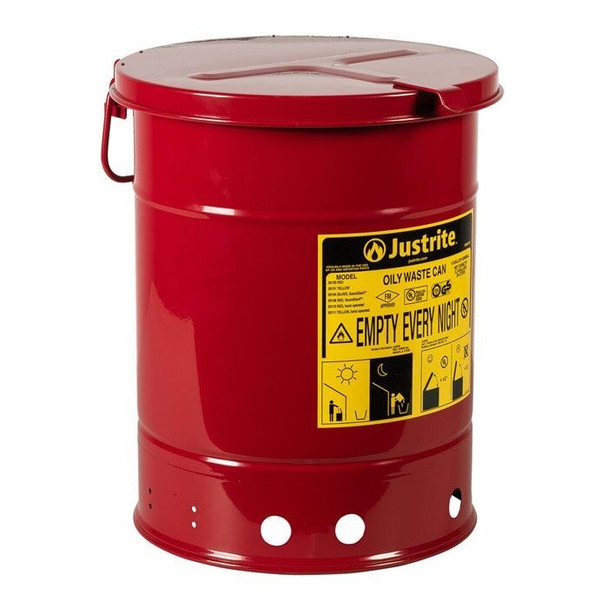 09110 Justrite Oily Waste Can, 6 gal, Hand-Operated Cover, Red