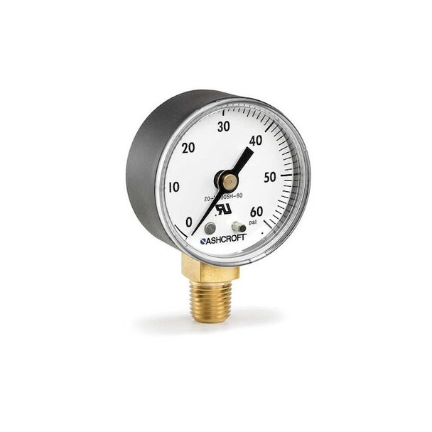 Pressure Gauge, 2 in Dial, 1/4 in MNPT, Bottom Location, ABS Case Material