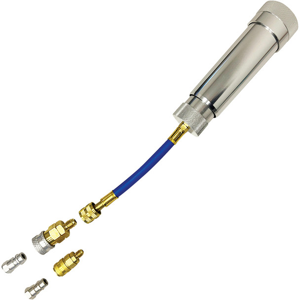Refillable 2oz (60ml) Oil-UV Dye Injector R-134a/R-1234yf couplers and purge fitting. TP27