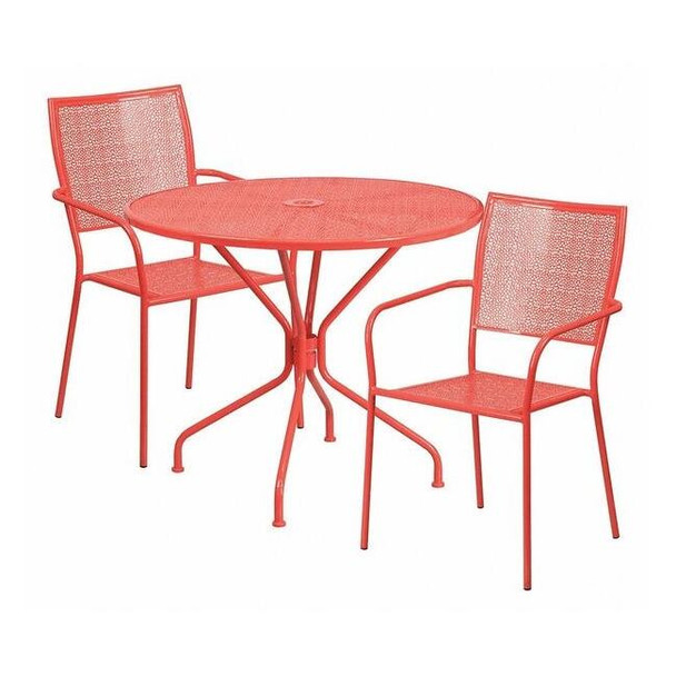 35.25" Round Coral Steel Table with 2 Chairs