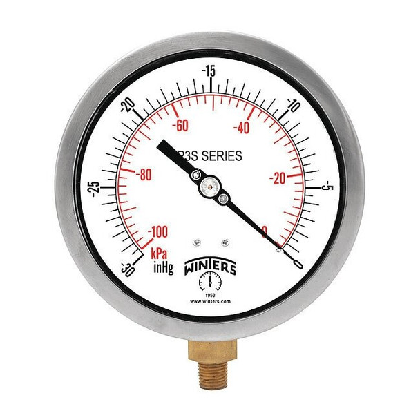 Industrial Vacuum Gauge, 30 to 0 psi, 4 1/2 in Dial, 1/4 in NPT, Bottom Location