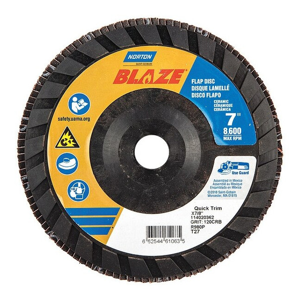 Norton Abrasives Fiber Disc,7 in Dia,7/8in Arbor,120 Grit 66254461063