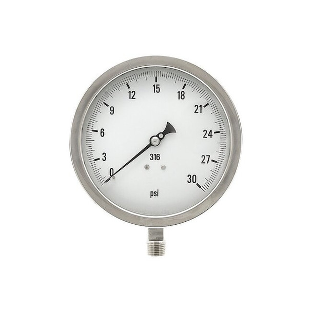 Industrial Pressure Gauge, 0 to 30 psi, 6 in Dial, 1/2 in NPT, Bottom Location
