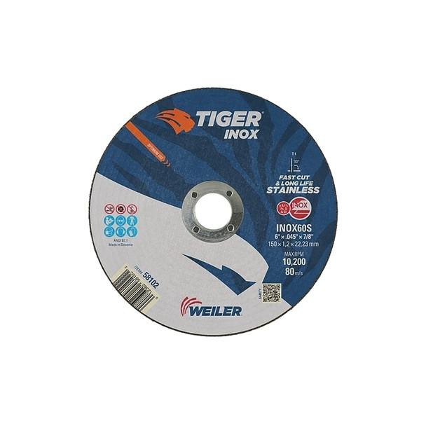 Tiger® Inox Thin Cutting Wheel, 6 in Dia, .045 in Thick, 7/8 in Arbor Pack of 25