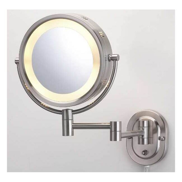 Lighted Makeup Mirror, 10 in W, 13 in H, 120 V AC, Nickel, Wall