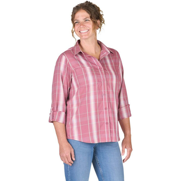 Berne Flex180 Women's Medium Plaid Elderberry UPF Button Down Long Sleeve Shirt