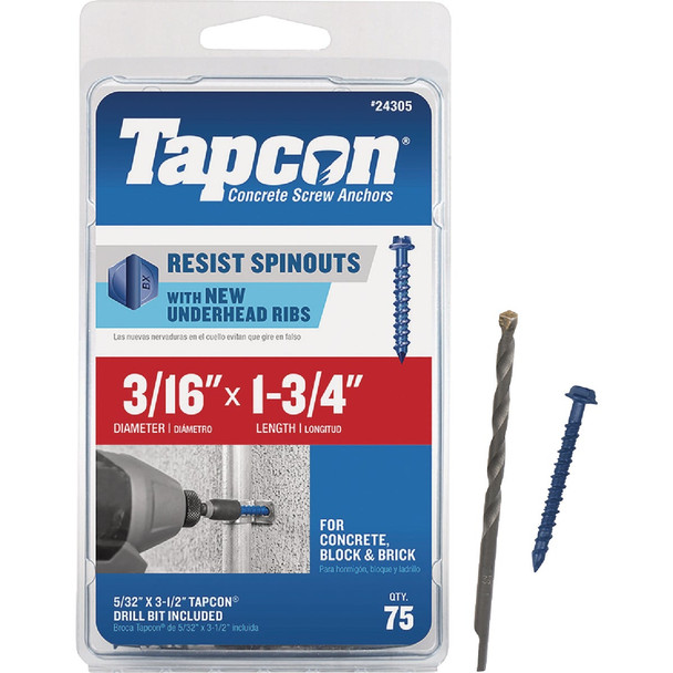 Tapcon 3/16 In. x 1-3/4 In. Hex Washer Concrete Screw Anchor (75 Ct.) 24305