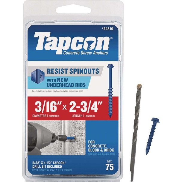 Tapcon 3/16 In. x 2-3/4 In. Hex Washer Concrete Screw Anchor (75-Count) 24310