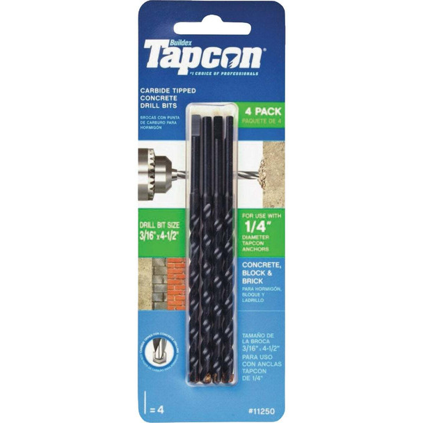Tapcon 3/16 In. x 4-1/2 In. Carbide Masonry Drill Bit (4-Pack) 11250