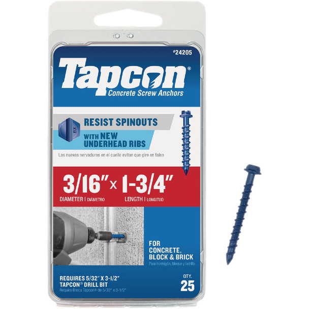 Tapcon 3/16 In. x 1-3/4 In. Hex Washer Head Concrete Screw Anchors (25-Count)