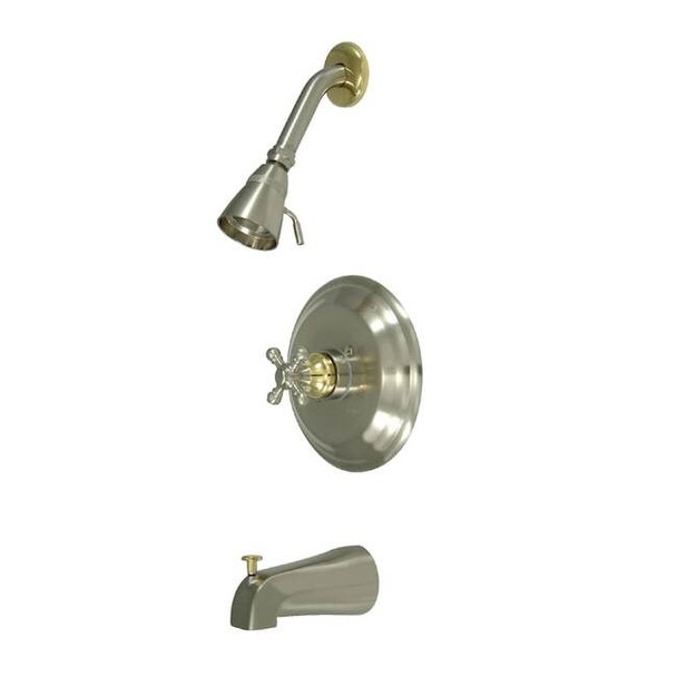 Tub and Shower Faucet, Standard, 3, Wall Mount, Brushed Nickel/Polished Brass