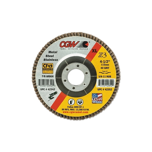 Premium Z3 XL T27 Flap Disc, 4-1/2 in dia, 36 Grit, 7/8 Arbor, 13,300 RPM