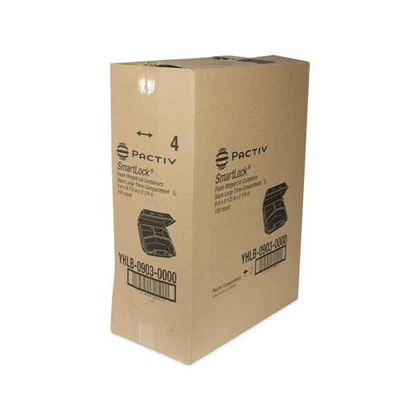 SmartLock Foam Hinged Container, Large, 9x9.5x3.25, 3-Comp, Blk, PK150