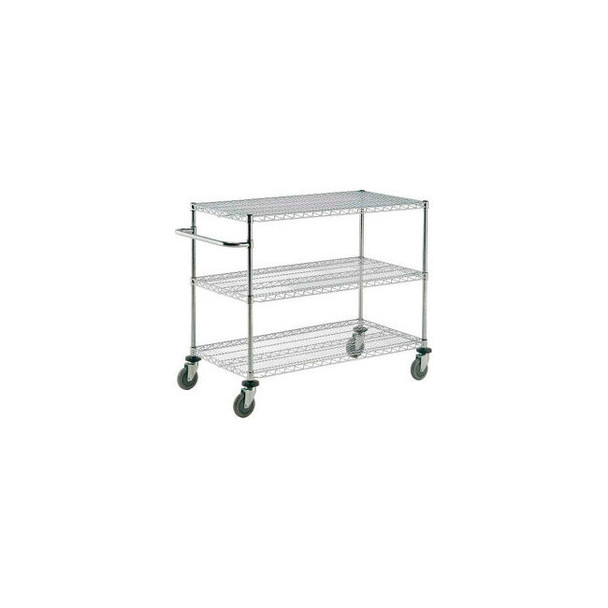 Nexel 3 Shelf Push Cart Chrome 42""W x 24""D x 40""H Poly Casters4 Swivel 2 Brak