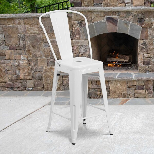 24"H White Metal Counter Height Stool w/Back, PK4