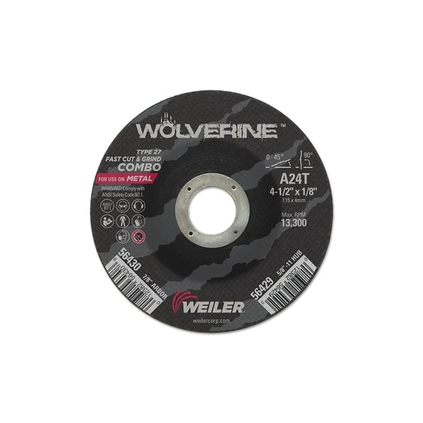 Wolverine® Combo Wheel, 4 1/2 in Dia, 1/8 in Thick, 7/8 in Arbor, 24 Grit, R Pack of 25
