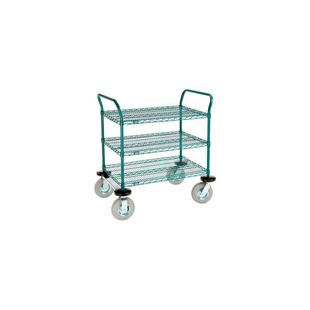 Nexel 3 Shelf Utility Cart Poly-Green 36""Wx24""Dx 42""H Pneumatic Casters2 Swiv