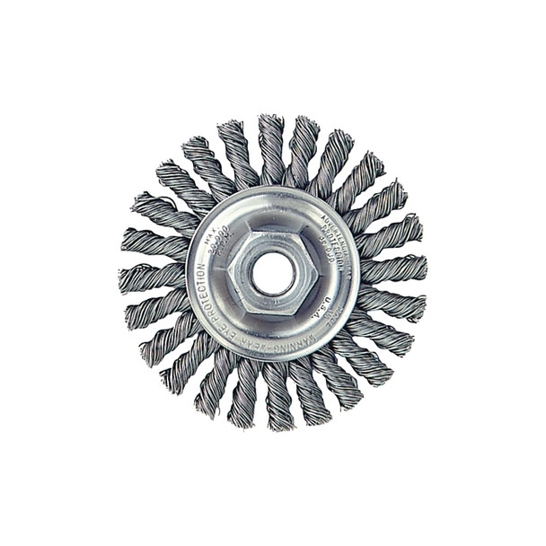Cable Twist Knot Wire Wheel, 4 in dia x 1/4 in W, 0.020 in Stainless Steel Wire, 20000 RPM