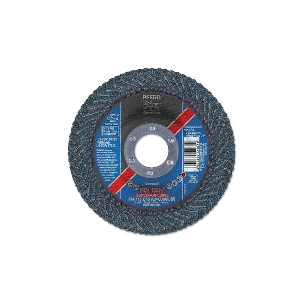 POLIFAN® Z SGP Curve Steelox Flap Disc, 4-1/2 in dia x 7/8 in Arbor, 40 Grit, Zirconia, 13300 RPM, Medium Radius