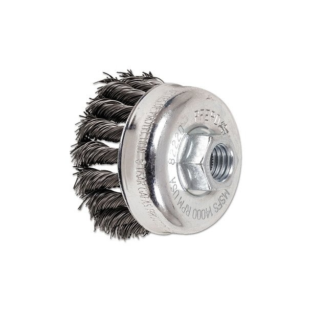 Mini Knot Cup Brush, 2-3/4 in dia, 5/8 in to 11 Arbor, 0.020 in Carbon Steel Wire