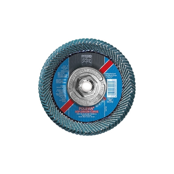 POLIFAN® Flap Disc, 5 in, 40 Grit, 5/8 Arbor, 12,200 RPM, Z-Curve, T29