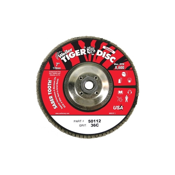 Saber Tooth™ Ceramic Flap Discs, 7 in, 36 Grit, 5/8 Arbor, 12,000 rpm Pack of 10