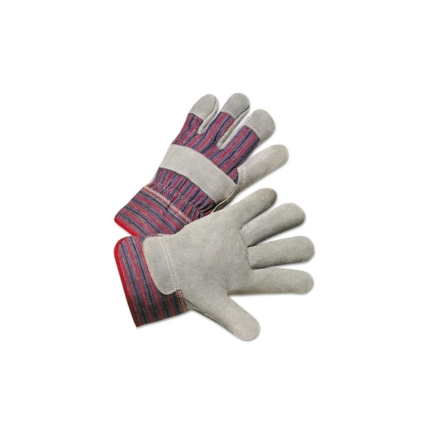 Leather Palm Gloves, Large, Cowhide, Leather, Gray, Striped Back Pack of 12