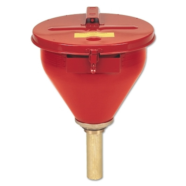 Safety Drum Funnel, w/Self-Closing Cover, 6 in Brass Flame Arrestor, 2 in Drum Bung, Red