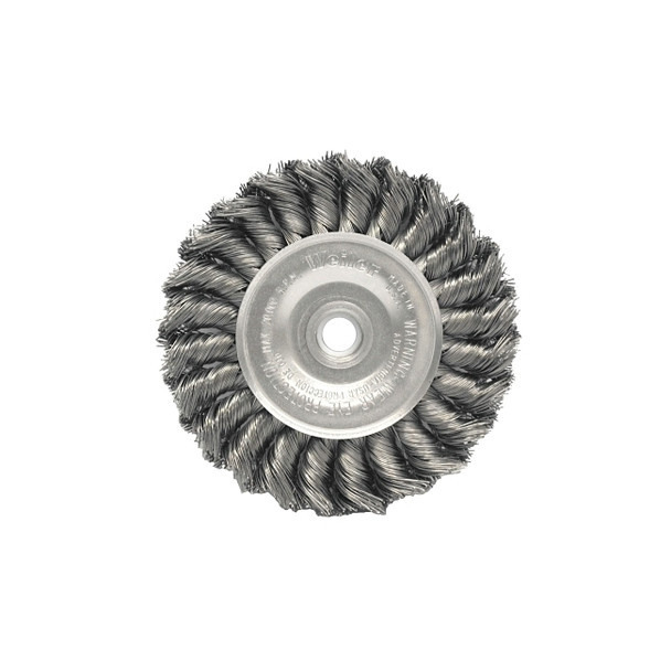 Standard Twist Knot Wire Wheel, 4 in dia x 1/2 in W Face, 0.014 in Stainless Steel Wire, 20000 RPM