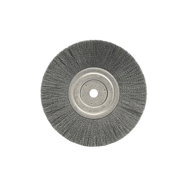 Narrow Face Crimped Wire Wheel, 8 in dia x 3/4 in W Face, 0.006 in Stainless Steel Wire, 6000 RPM