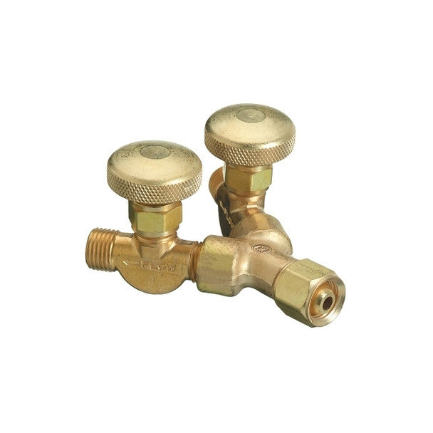 Valved Y Connection, 200 psig, Brass, B-Size (F) to B-Size (M), 9/16 in-18 (F)