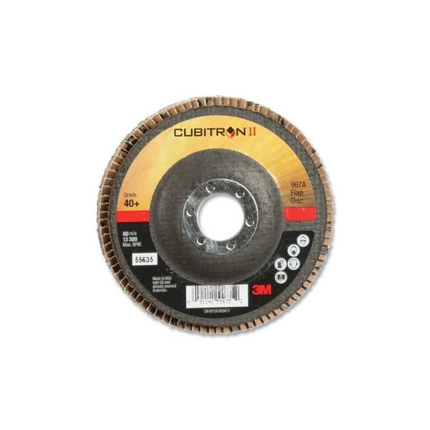 Cubitron™ II 967A Flap Disc, 4-1/2 in dia, 40+ Grit, 7/8 in Arbor, 13300 RPM