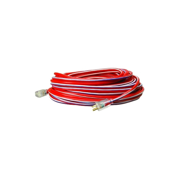 Stripes® Extension Cord, 50 ft, 1 Outlet, Red/White/Blue