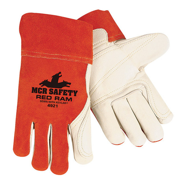 MCR Safety® Red Ram™ Grain Cowhide Gloves, Large, Cream/Russet, 12/Pair