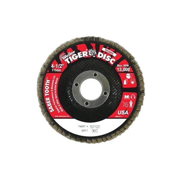 Saber Tooth Ceramic Flap Discs, 4 1/2 in, 36 Grit, 7/8 in Arbor, 13,000 rpm Pack of 10