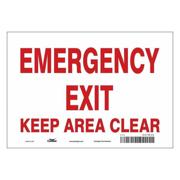 Exit Sign, Vinyl, 10" W, 7" H, Emergency Exit Keep Area Clear, White