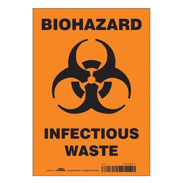 Biohazard Sign, 10 in H, 7 in W, Vinyl, Horizontal Rectangle, English, 447W77