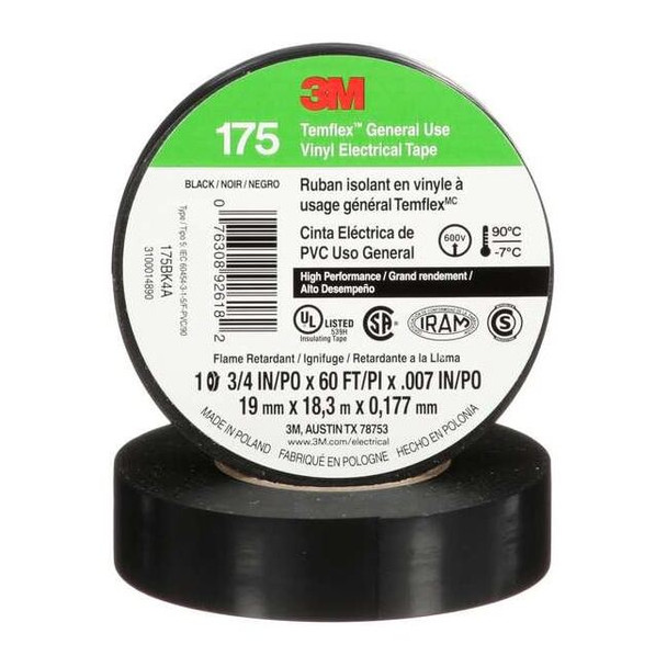 3m Electrical Tape, Vinyl, Black, 20 yd L, 3/4 in W 175BK4A