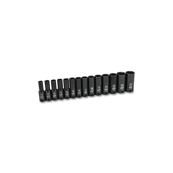 Impact Socket Set, 1/2 in Dr, 6-point, Metric, 10 mm to 27 mm, 14-Pc Deep Length, Incl Blow Mold Case