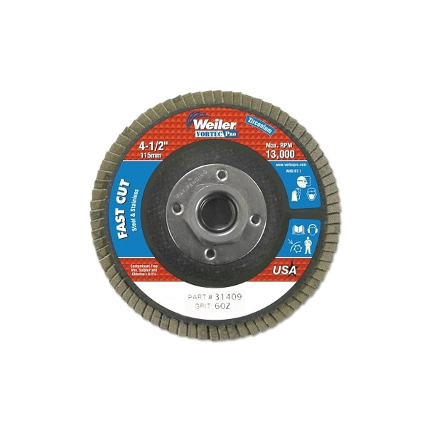 Vortec Pro® Abrasive Flap Disc, Zirconium, 4-1/2 in dia, 60 Grit, 5/8 in-11 Arbor Thread, 13000 RPM